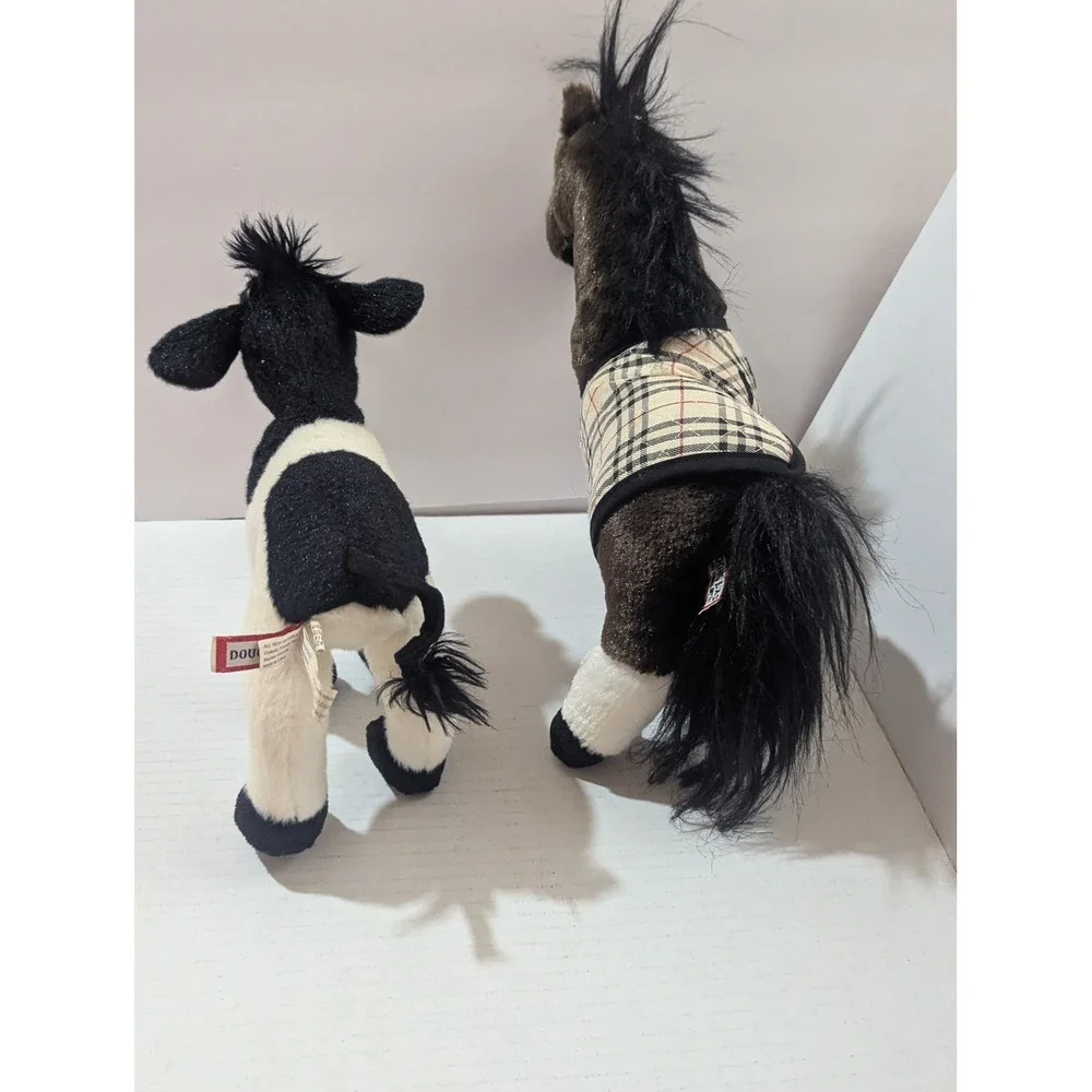 Douglas Cuddle Toys Plush Horse with Plaid Blanket and‎ Black White Cow Set